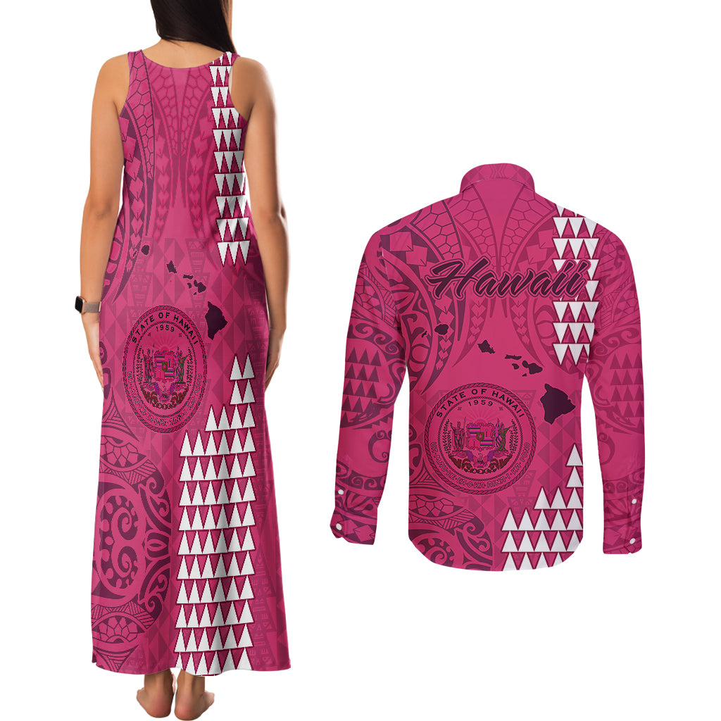 Maui Island Couples Matching Tank Maxi Dress and Long Sleeve Button Shirts Kakau Tribal Mixed Polynesian Pattern Pink LT9 - Polynesian Pride