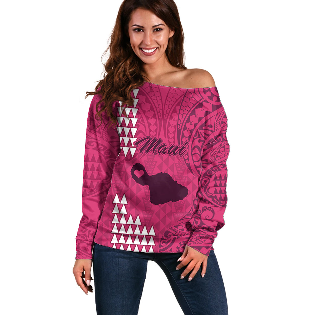Maui Island Off Shoulder Sweater Kakau Tribal Mixed Polynesian Pattern Pink LT9 Women Pink - Polynesian Pride