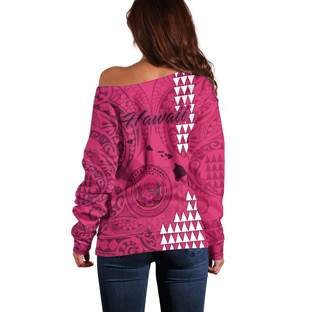 Maui Island Off Shoulder Sweater Kakau Tribal Mixed Polynesian Pattern Pink LT9 - Polynesian Pride