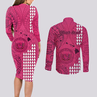 Personalised Maui Island Couples Matching Long Sleeve Bodycon Dress and Long Sleeve Button Shirts Kakau Tribal Mixed Polynesian Pattern Pink LT9 - Polynesian Pride
