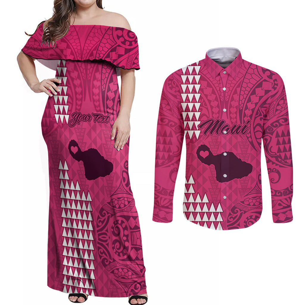 Personalised Maui Island Couples Matching Off Shoulder Maxi Dress and Long Sleeve Button Shirts Kakau Tribal Mixed Polynesian Pattern Pink LT9 Pink - Polynesian Pride