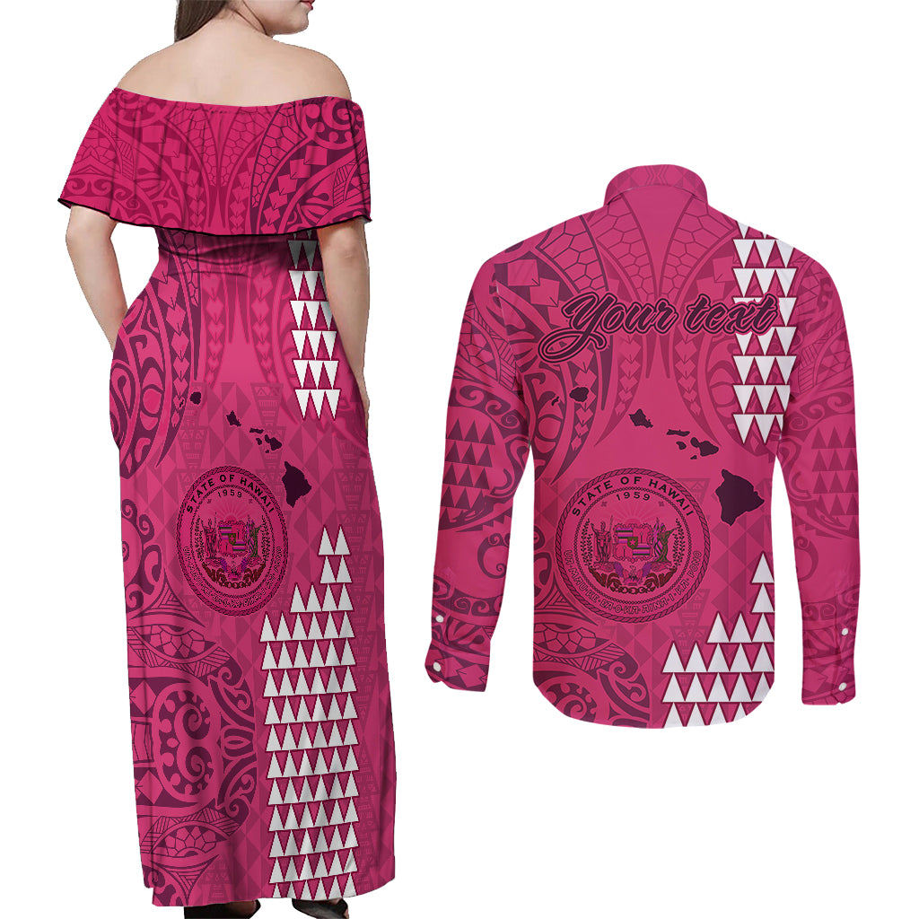 Personalised Maui Island Couples Matching Off Shoulder Maxi Dress and Long Sleeve Button Shirts Kakau Tribal Mixed Polynesian Pattern Pink LT9 - Polynesian Pride
