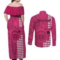 Personalised Maui Island Couples Matching Off Shoulder Maxi Dress and Long Sleeve Button Shirts Kakau Tribal Mixed Polynesian Pattern Pink LT9 - Polynesian Pride