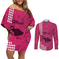 Personalised Maui Island Couples Matching Off Shoulder Short Dress and Long Sleeve Button Shirts Kakau Tribal Mixed Polynesian Pattern Pink LT9 Pink - Polynesian Pride