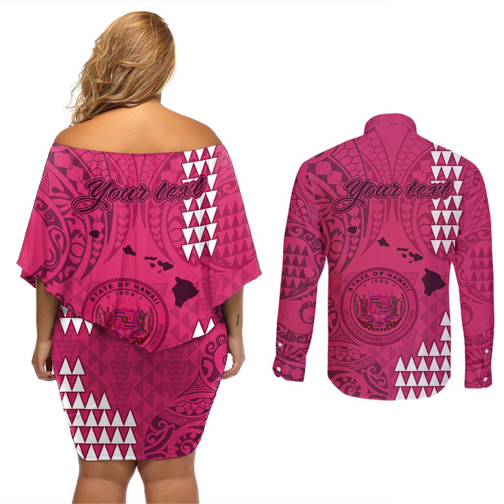 Personalised Maui Island Couples Matching Off Shoulder Short Dress and Long Sleeve Button Shirts Kakau Tribal Mixed Polynesian Pattern Pink LT9 - Polynesian Pride