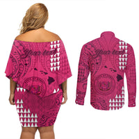 Personalised Maui Island Couples Matching Off Shoulder Short Dress and Long Sleeve Button Shirts Kakau Tribal Mixed Polynesian Pattern Pink LT9 - Polynesian Pride