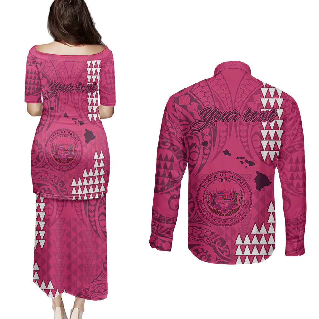 Personalised Maui Island Couples Matching Puletasi Dress and Long Sleeve Button Shirts Kakau Tribal Mixed Polynesian Pattern Pink LT9 - Polynesian Pride