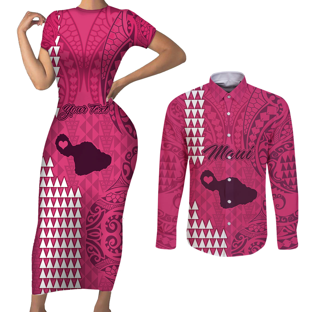 Personalised Maui Island Couples Matching Short Sleeve Bodycon Dress and Long Sleeve Button Shirts Kakau Tribal Mixed Polynesian Pattern Pink LT9 Pink - Polynesian Pride