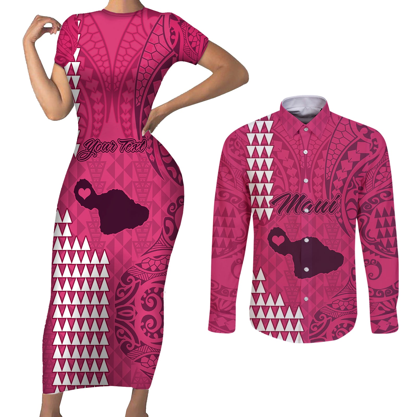 Personalised Maui Island Couples Matching Short Sleeve Bodycon Dress and Long Sleeve Button Shirts Kakau Tribal Mixed Polynesian Pattern Pink LT9 Pink - Polynesian Pride