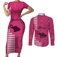 Personalised Maui Island Couples Matching Short Sleeve Bodycon Dress and Long Sleeve Button Shirts Kakau Tribal Mixed Polynesian Pattern Pink LT9 Pink - Polynesian Pride