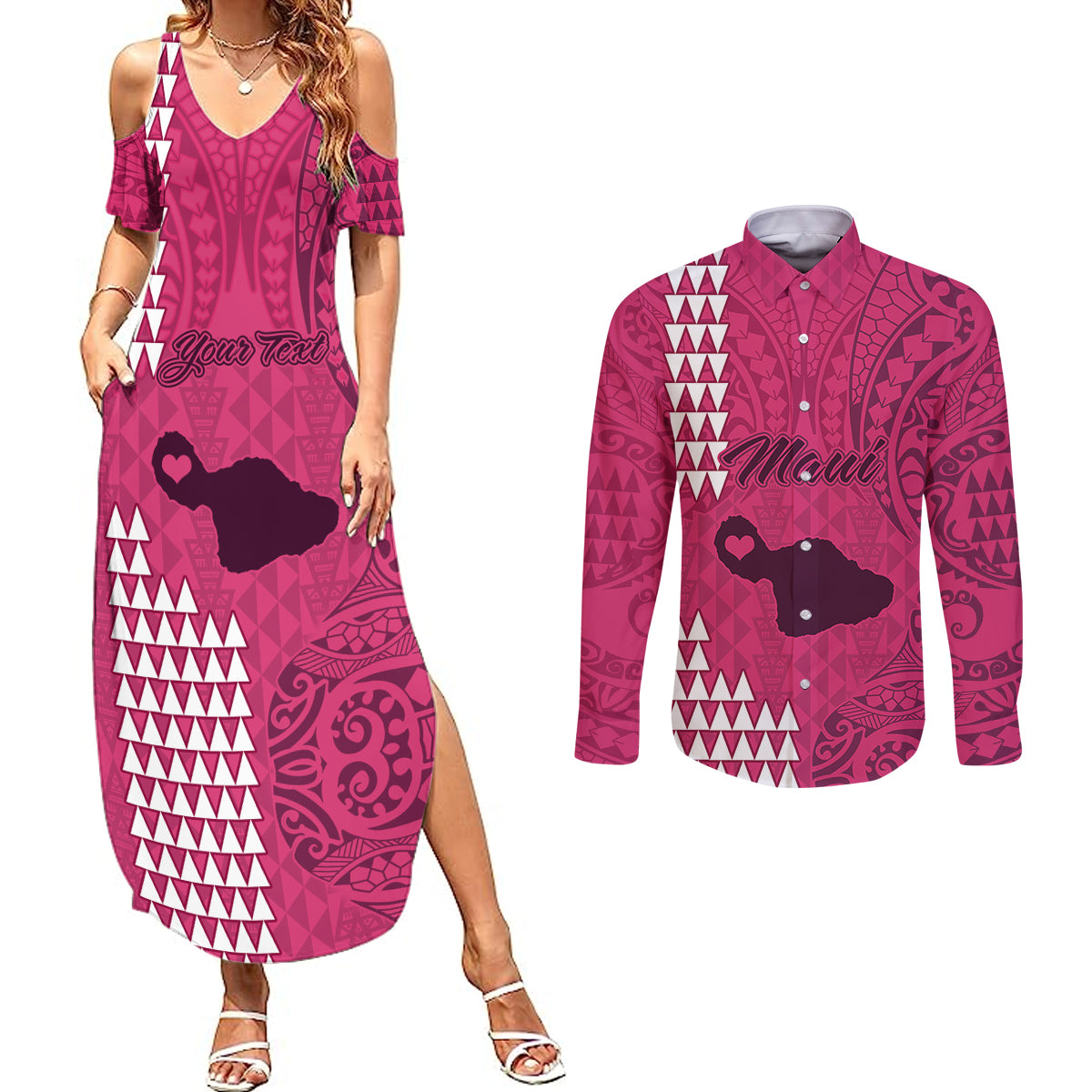 Personalised Maui Island Couples Matching Summer Maxi Dress and Long Sleeve Button Shirts Kakau Tribal Mixed Polynesian Pattern Pink LT9 Pink - Polynesian Pride