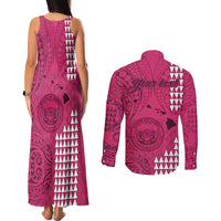 Personalised Maui Island Couples Matching Tank Maxi Dress and Long Sleeve Button Shirts Kakau Tribal Mixed Polynesian Pattern Pink LT9 - Polynesian Pride