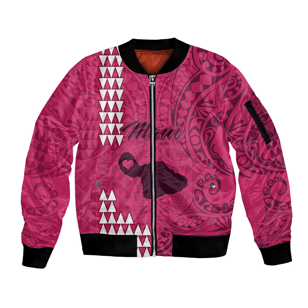 Personalised Maui Island Sleeve Zip Bomber Jacket Kakau Tribal Mixed Polynesian Pattern Pink LT9 Unisex Pink - Polynesian Pride