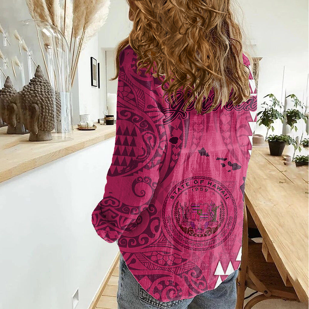 Personalised Maui Island Women Casual Shirt Kakau Tribal Mixed Polynesian Pattern Pink LT9 - Polynesian Pride