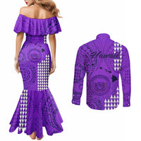 Maui Island Couples Matching Mermaid Dress and Long Sleeve Button Shirts Kakau Tribal Mixed Polynesian Pattern Purple LT9 - Polynesian Pride