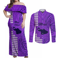 Maui Island Couples Matching Off Shoulder Maxi Dress and Long Sleeve Button Shirts Kakau Tribal Mixed Polynesian Pattern Purple LT9 Purple - Polynesian Pride