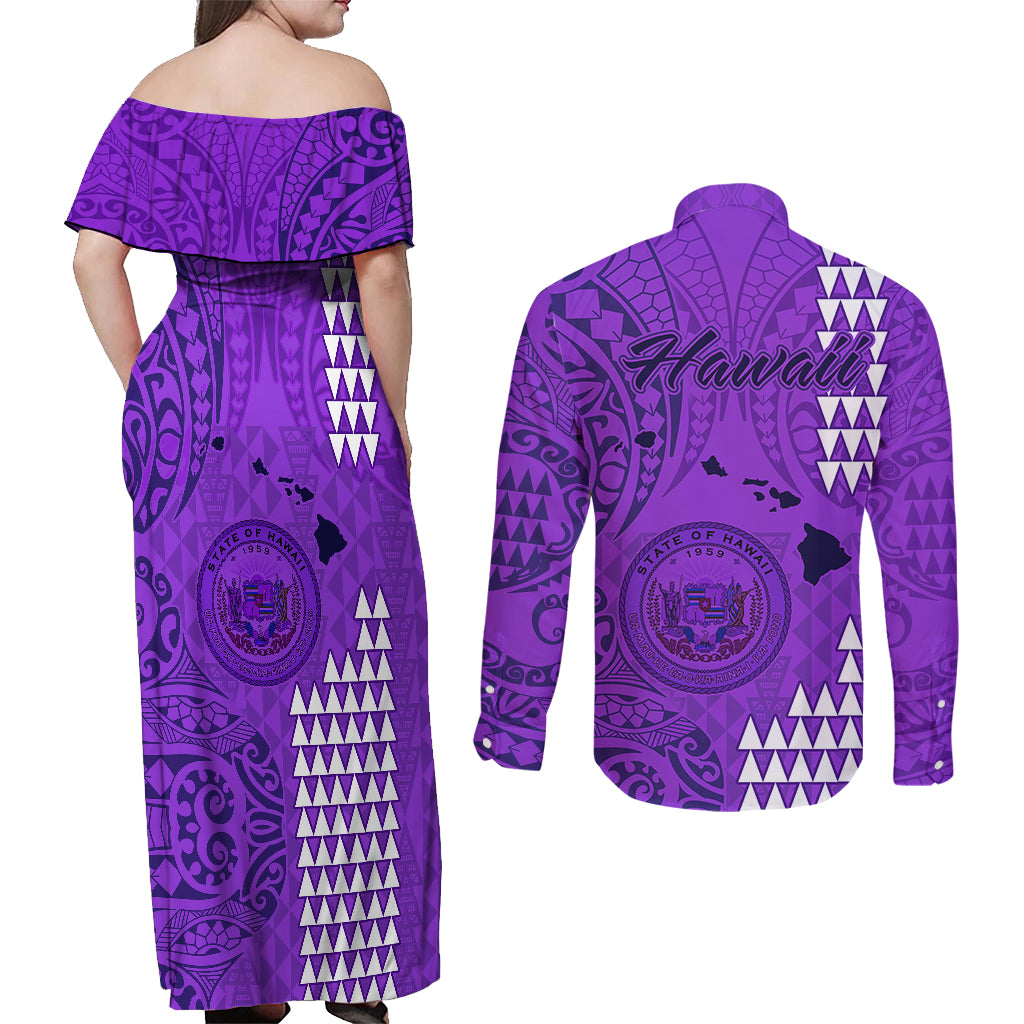 Maui Island Couples Matching Off Shoulder Maxi Dress and Long Sleeve Button Shirts Kakau Tribal Mixed Polynesian Pattern Purple LT9 - Polynesian Pride