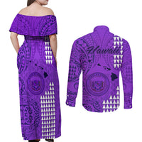 Maui Island Couples Matching Off Shoulder Maxi Dress and Long Sleeve Button Shirts Kakau Tribal Mixed Polynesian Pattern Purple LT9 - Polynesian Pride