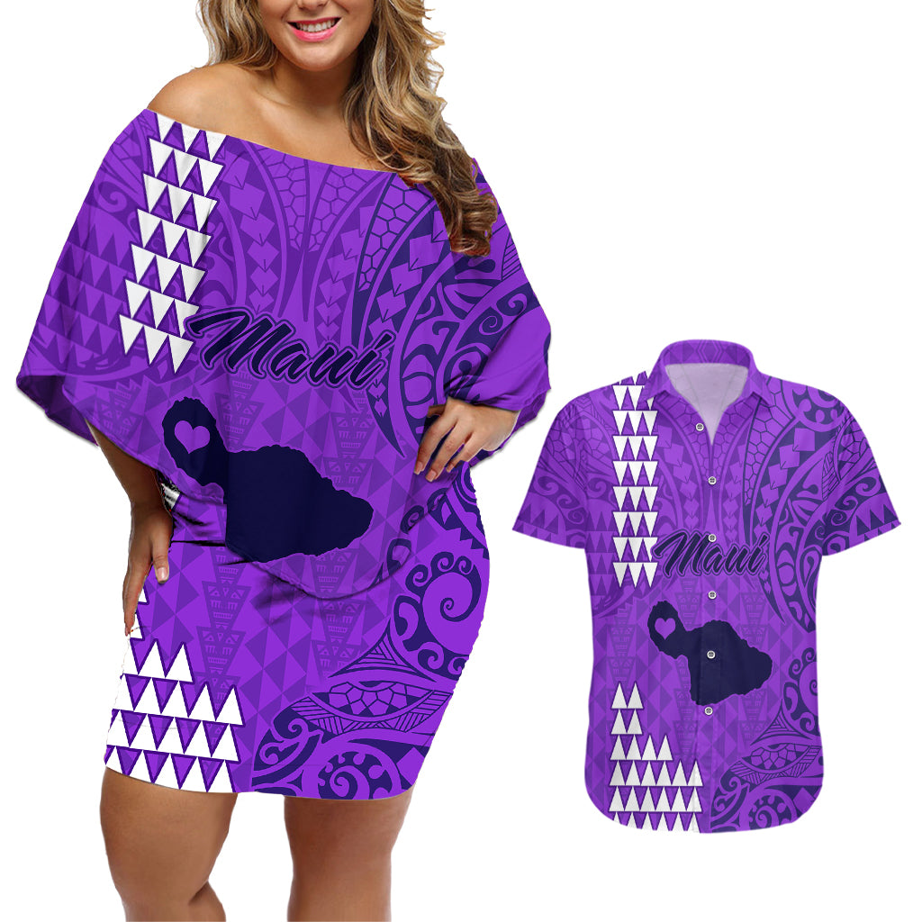 Maui Island Couples Matching Off Shoulder Short Dress and Hawaiian Shirt Kakau Tribal Mixed Polynesian Pattern Purple LT9 Purple - Polynesian Pride