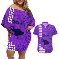 Maui Island Couples Matching Off Shoulder Short Dress and Hawaiian Shirt Kakau Tribal Mixed Polynesian Pattern Purple LT9 Purple - Polynesian Pride