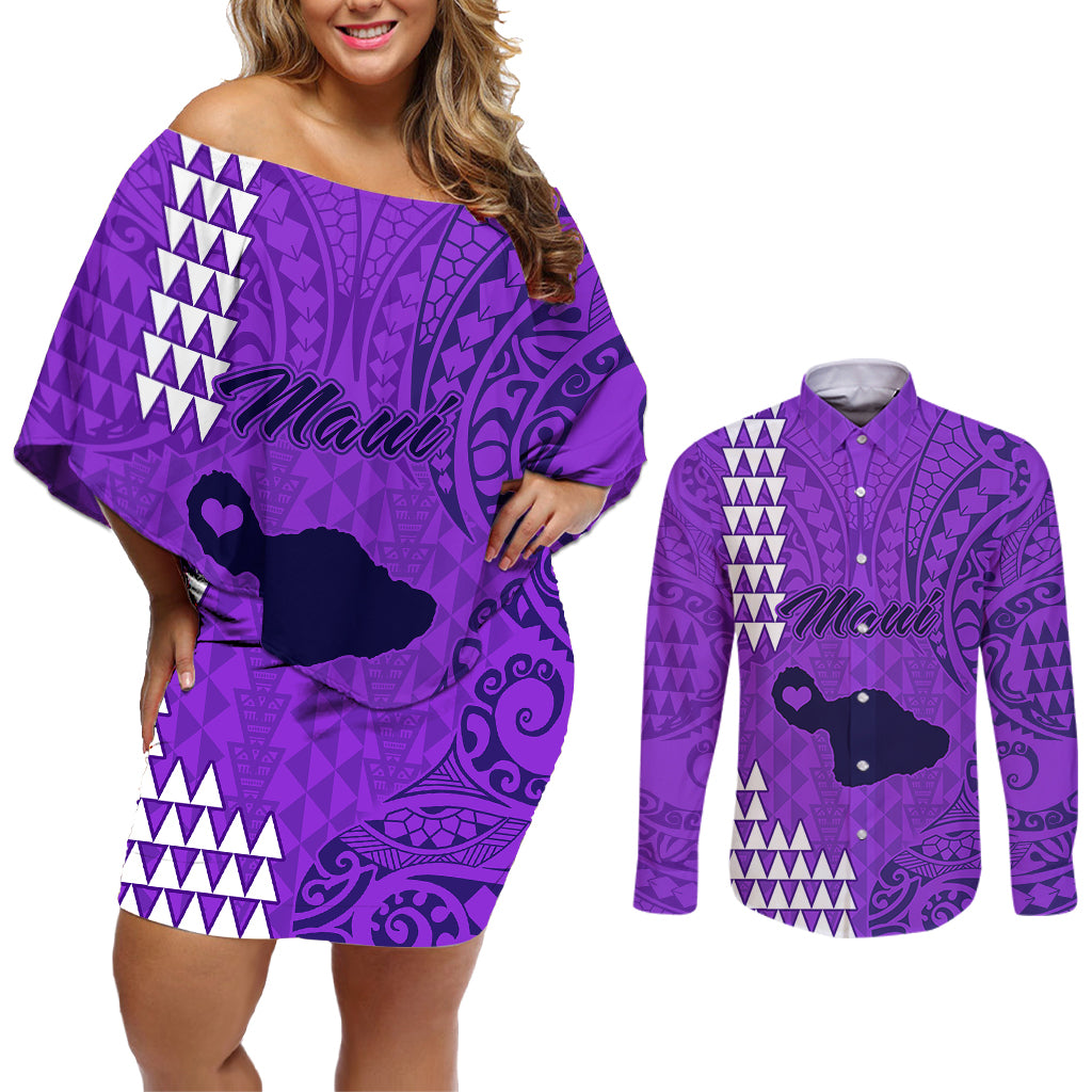 Maui Island Couples Matching Off Shoulder Short Dress and Long Sleeve Button Shirts Kakau Tribal Mixed Polynesian Pattern Purple LT9 Purple - Polynesian Pride