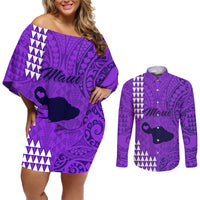 Maui Island Couples Matching Off Shoulder Short Dress and Long Sleeve Button Shirts Kakau Tribal Mixed Polynesian Pattern Purple LT9 Purple - Polynesian Pride