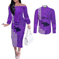 Maui Island Couples Matching Off The Shoulder Long Sleeve Dress and Long Sleeve Button Shirts Kakau Tribal Mixed Polynesian Pattern Purple LT9 Purple - Polynesian Pride