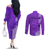 Maui Island Couples Matching Off The Shoulder Long Sleeve Dress and Long Sleeve Button Shirts Kakau Tribal Mixed Polynesian Pattern Purple LT9 - Polynesian Pride