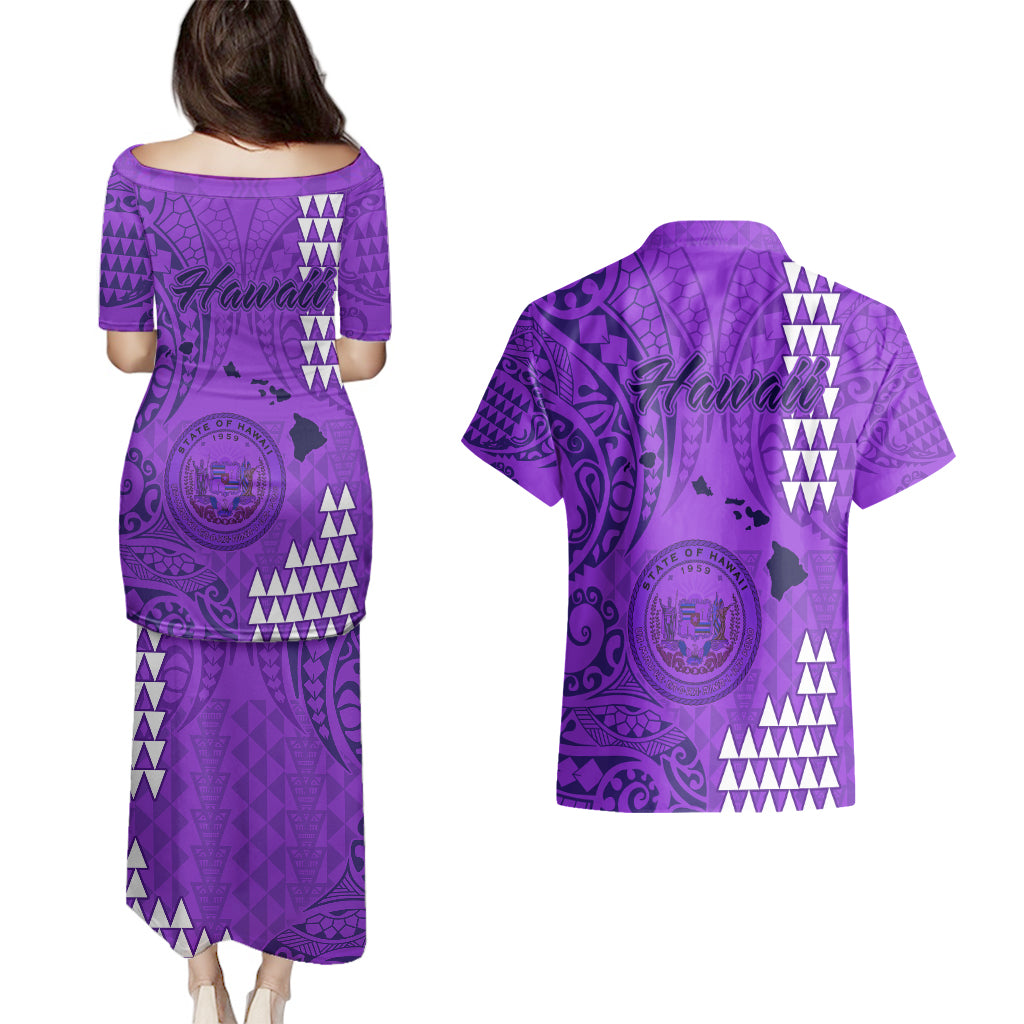 Maui Island Couples Matching Puletasi Dress and Hawaiian Shirt Kakau Tribal Mixed Polynesian Pattern Purple LT9 - Polynesian Pride