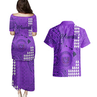 Maui Island Couples Matching Puletasi Dress and Hawaiian Shirt Kakau Tribal Mixed Polynesian Pattern Purple LT9 - Polynesian Pride