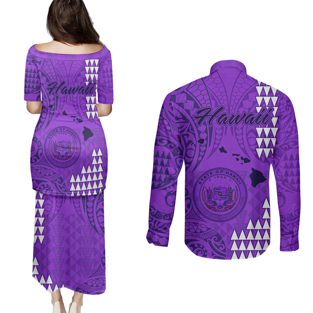 Maui Island Couples Matching Puletasi Dress and Long Sleeve Button Shirts Kakau Tribal Mixed Polynesian Pattern Purple LT9 - Polynesian Pride