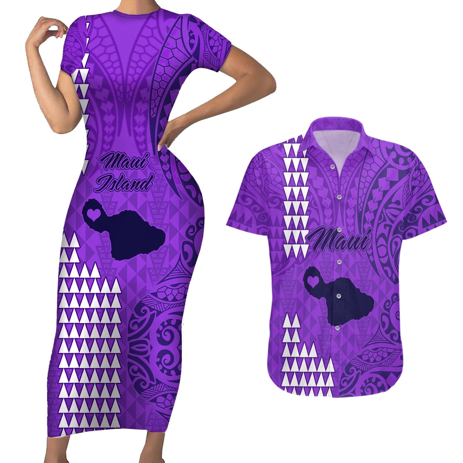 Maui Island Couples Matching Short Sleeve Bodycon Dress and Hawaiian Shirt Kakau Tribal Mixed Polynesian Pattern Purple LT9 Purple - Polynesian Pride