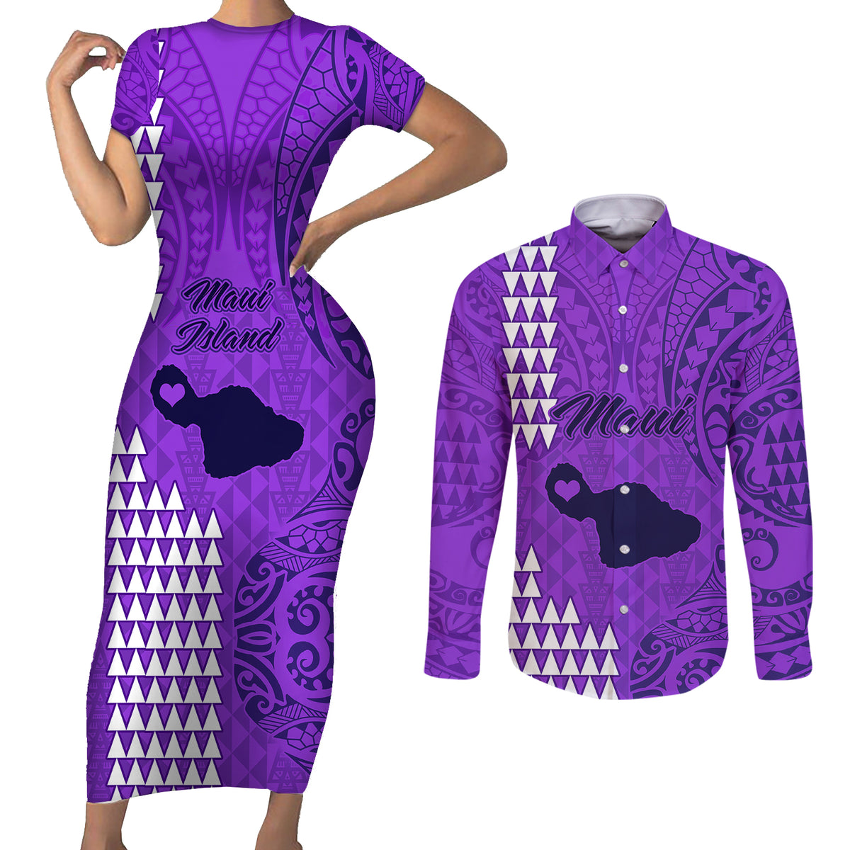 Maui Island Couples Matching Short Sleeve Bodycon Dress and Long Sleeve Button Shirts Kakau Tribal Mixed Polynesian Pattern Purple LT9 Purple - Polynesian Pride