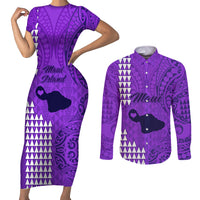 Maui Island Couples Matching Short Sleeve Bodycon Dress and Long Sleeve Button Shirts Kakau Tribal Mixed Polynesian Pattern Purple LT9 Purple - Polynesian Pride
