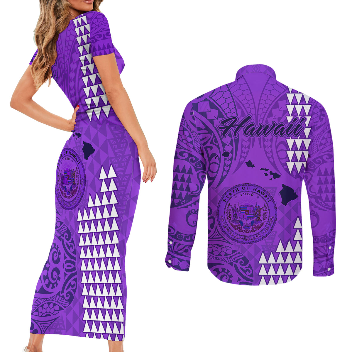 Maui Island Couples Matching Short Sleeve Bodycon Dress and Long Sleeve Button Shirts Kakau Tribal Mixed Polynesian Pattern Purple LT9 - Polynesian Pride