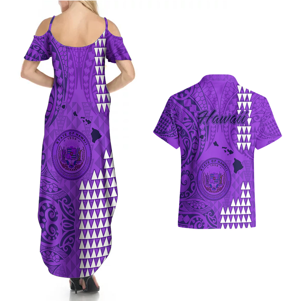 Maui Island Couples Matching Summer Maxi Dress and Hawaiian Shirt Kakau Tribal Mixed Polynesian Pattern Purple LT9 - Polynesian Pride