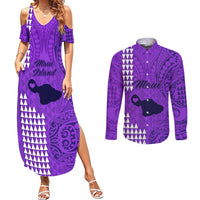 Maui Island Couples Matching Summer Maxi Dress and Long Sleeve Button Shirts Kakau Tribal Mixed Polynesian Pattern Purple LT9 Purple - Polynesian Pride