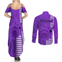 Maui Island Couples Matching Summer Maxi Dress and Long Sleeve Button Shirts Kakau Tribal Mixed Polynesian Pattern Purple LT9 - Polynesian Pride