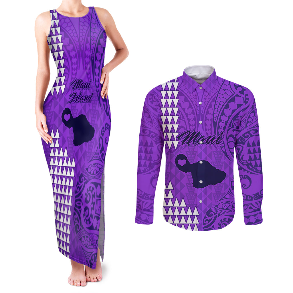 Maui Island Couples Matching Tank Maxi Dress and Long Sleeve Button Shirts Kakau Tribal Mixed Polynesian Pattern Purple LT9 Purple - Polynesian Pride