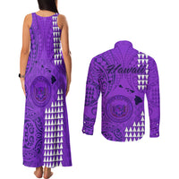 Maui Island Couples Matching Tank Maxi Dress and Long Sleeve Button Shirts Kakau Tribal Mixed Polynesian Pattern Purple LT9 - Polynesian Pride