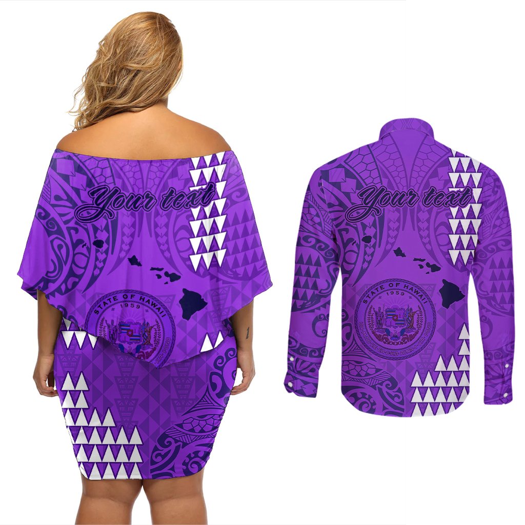 Personalised Maui Island Couples Matching Off Shoulder Short Dress and Long Sleeve Button Shirts Kakau Tribal Mixed Polynesian Pattern Purple LT9 - Polynesian Pride