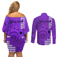 Personalised Maui Island Couples Matching Off Shoulder Short Dress and Long Sleeve Button Shirts Kakau Tribal Mixed Polynesian Pattern Purple LT9 - Polynesian Pride