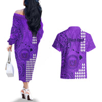 Personalised Maui Island Couples Matching Off The Shoulder Long Sleeve Dress and Hawaiian Shirt Kakau Tribal Mixed Polynesian Pattern Purple LT9 - Polynesian Pride