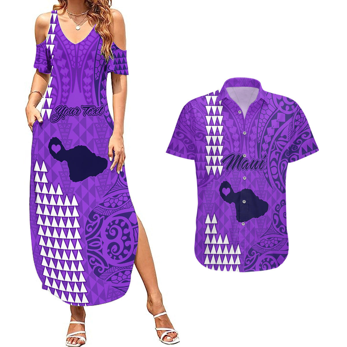 Personalised Maui Island Couples Matching Summer Maxi Dress and Hawaiian Shirt Kakau Tribal Mixed Polynesian Pattern Purple LT9 Purple - Polynesian Pride