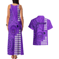 Personalised Maui Island Couples Matching Tank Maxi Dress and Hawaiian Shirt Kakau Tribal Mixed Polynesian Pattern Purple LT9 - Polynesian Pride