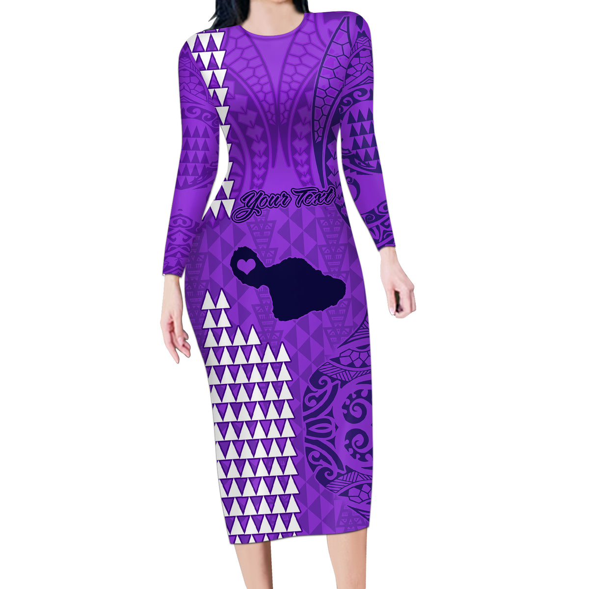 Personalised Maui Island Long Sleeve Bodycon Dress Kakau Tribal Mixed Polynesian Pattern Purple LT9 Long Dress Purple - Polynesian Pride