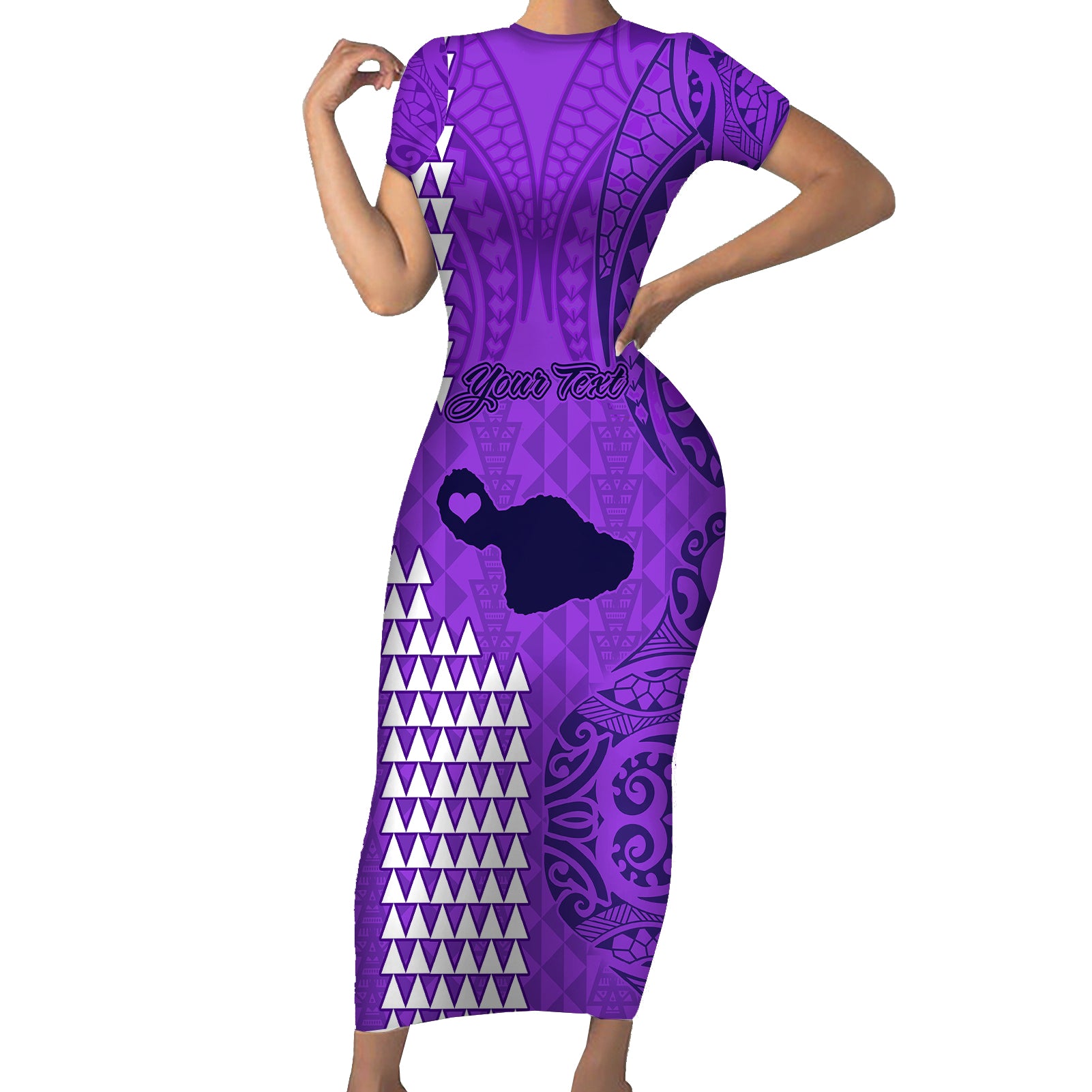 Personalised Maui Island Short Sleeve Bodycon Dress Kakau Tribal Mixed Polynesian Pattern Purple LT9 Long Dress Purple - Polynesian Pride