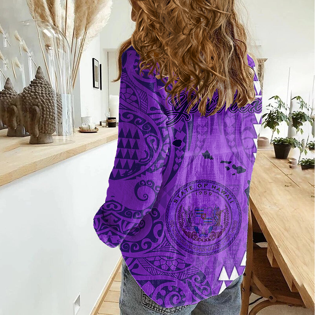 Personalised Maui Island Women Casual Shirt Kakau Tribal Mixed Polynesian Pattern Purple LT9 - Polynesian Pride