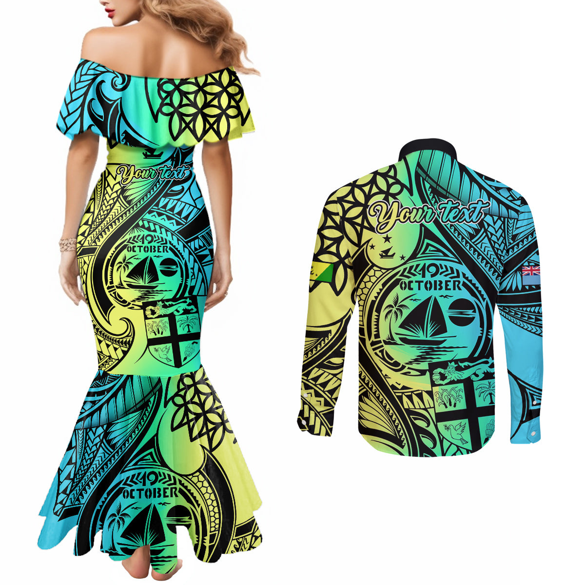 personalised-malampa-fiji-day-couples-matching-mermaid-dress-and-long-sleeve-button-shirts-vanuatu-sand-drawing-with-polynesian-pattern
