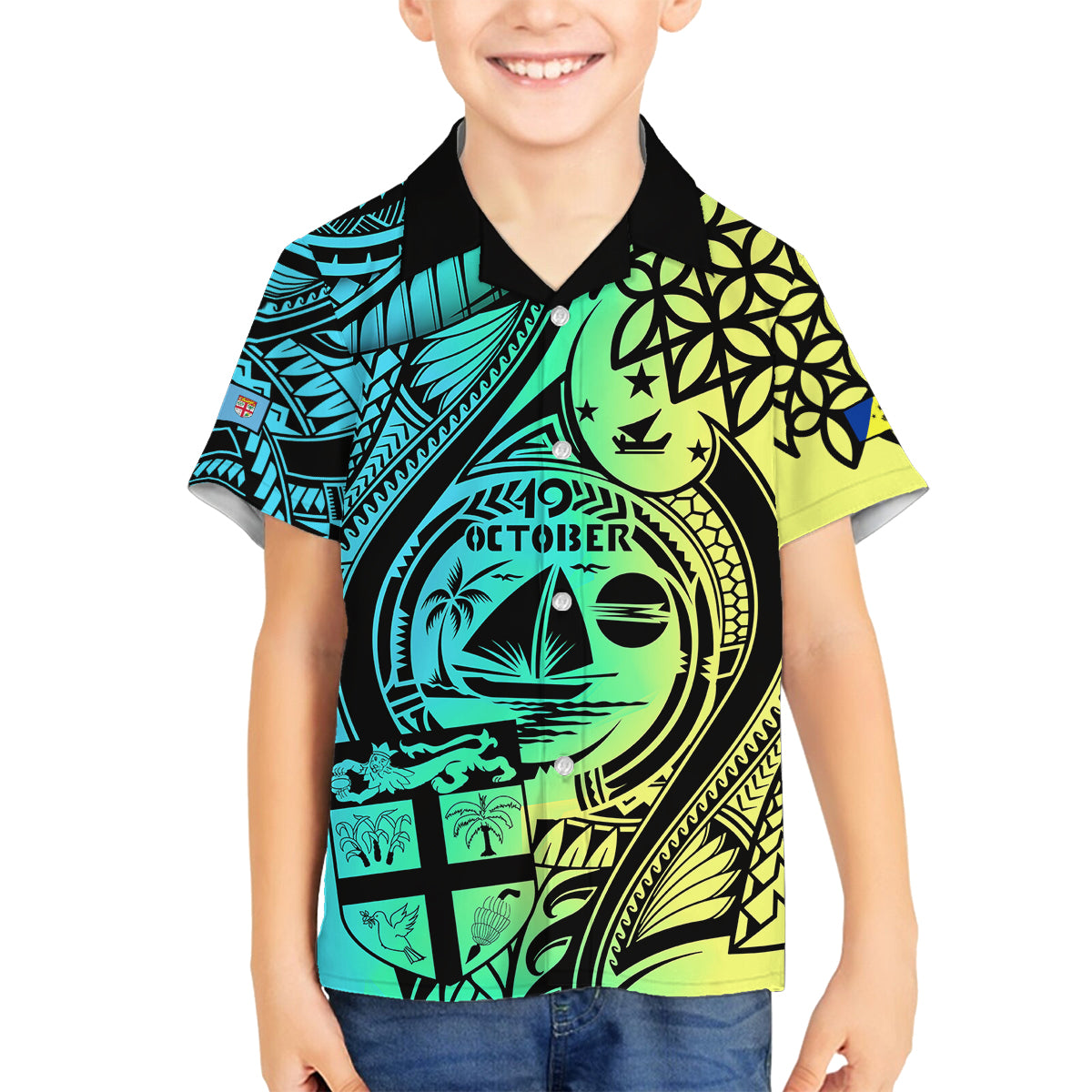 Personalised Malampa Fiji Day Family Matching Puletasi Dress and Hawaiian Shirt Vanuatu Sand Drawing With Polynesian Pattern LT9 Son's Shirt Black - Polynesian Pride